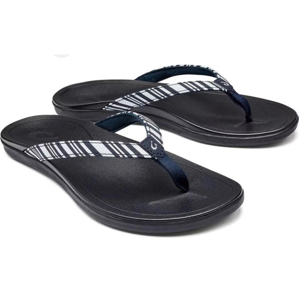 OluKai Ho'opio Black White Striped Flip Flop Sandals Womens 7